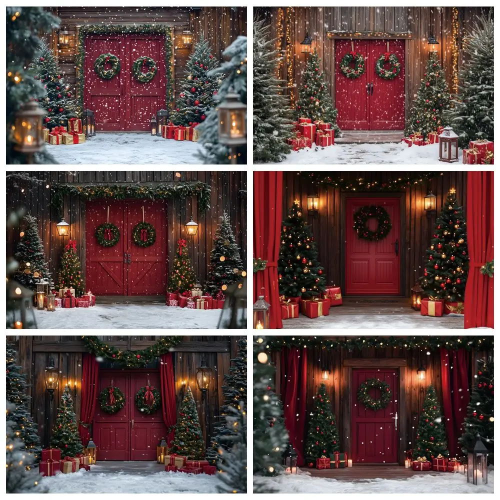 

Christmas Red Rustic Wood Barn Door Backdrop Winter Snowy Snowfield Xmas Tree Gifts Wreath Kids Portrait Photography Background