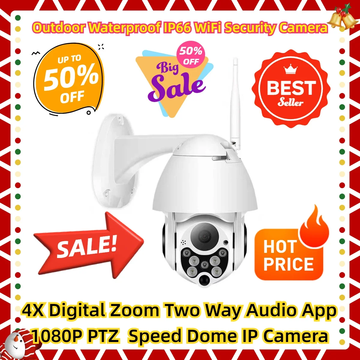 

Outdoor Waterproof IP66 WiFi Security Camera 4X Digital Zoom Two Way Audio App 1080P PTZ Speed Dome IP Camera