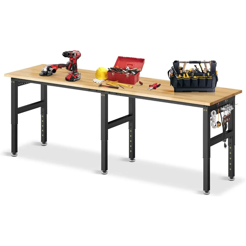 96”Adjustable Work Bench, 5000 LBS Capacity Heavy Duty Workbench with Power Outlet & Pegboard, Rubber Wood Work Table