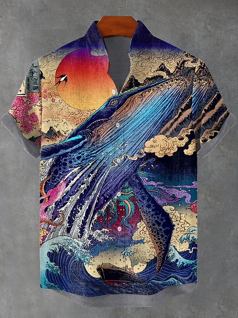 New trendy and cool linen short sleeved shirt, men's giant whale cherry blossom wave print casual top