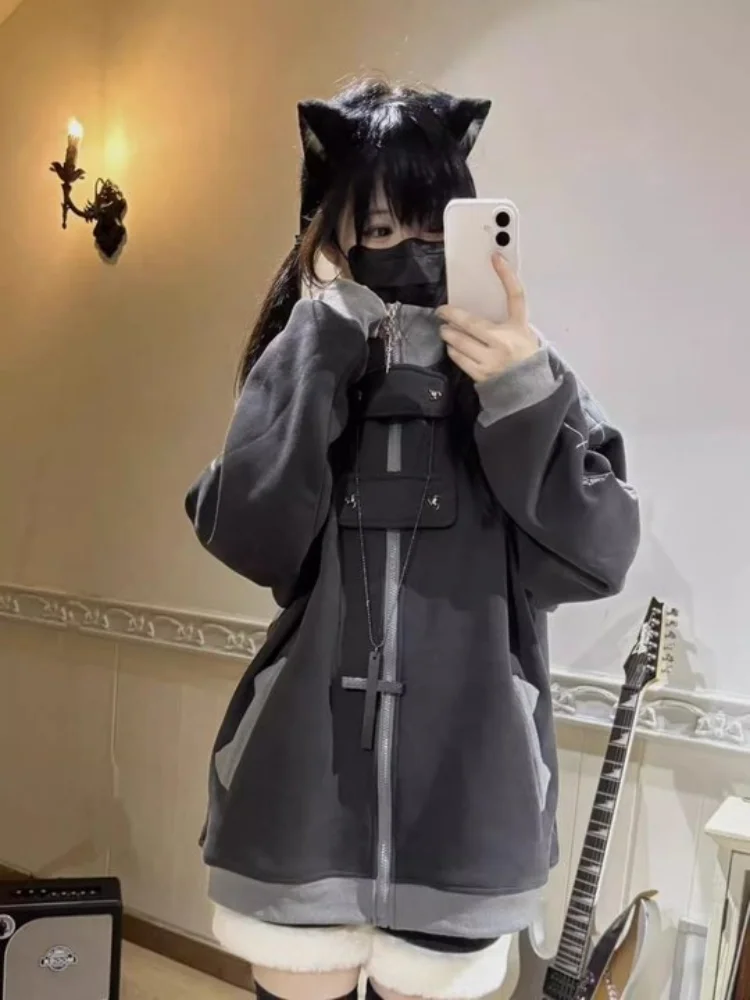 Damski zestaw anime japońskie anime subkultura uroczy y2k urocza luźna i pluszowa bluza z kapturem jesienno-zimowa bluza damska do dojazdów do pracy emo