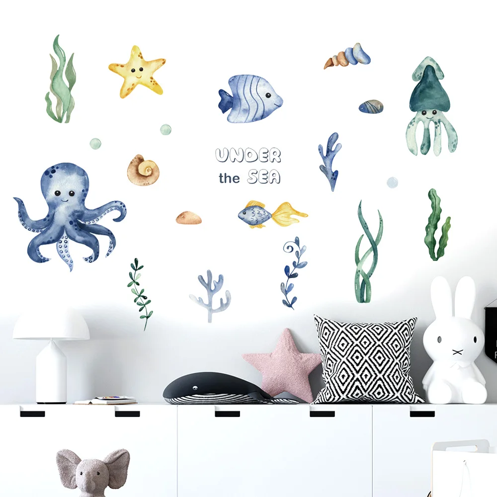 Cartoon Octopus Fish Removable Wall Stickers for Kids Room Kindergarten Eco-friendly Nursery Decor Window Bathroom Tile Decals