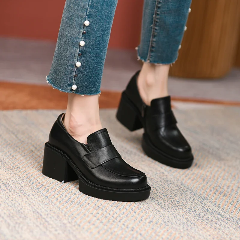 2022 Spring New Genuine Leather Platform Shoes Casual Round Toe Shoes Woman High Heel Pumps Women Shoes Zapatos De Mujer Loafers