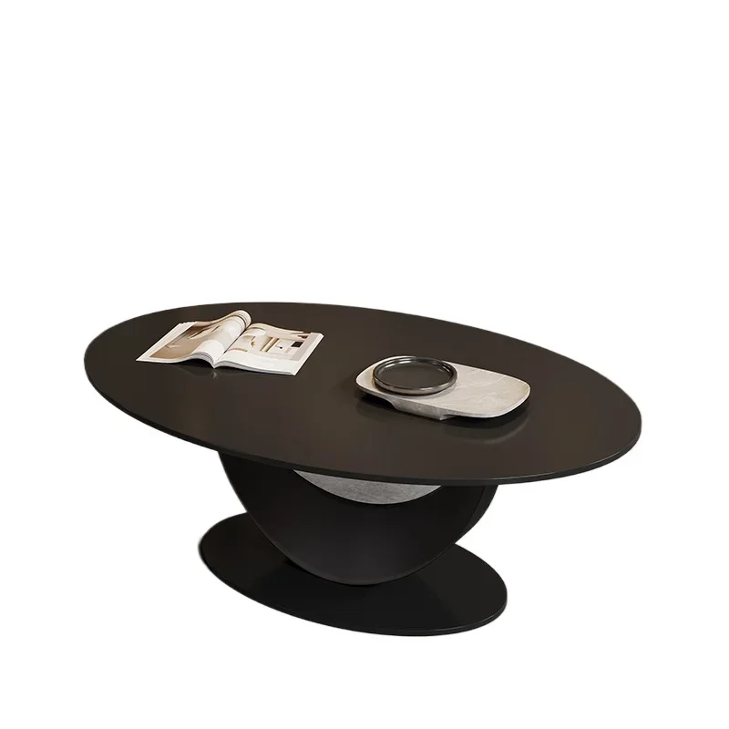 Summer oval pure black rock slab coffee table, light luxury modern simple household tea table