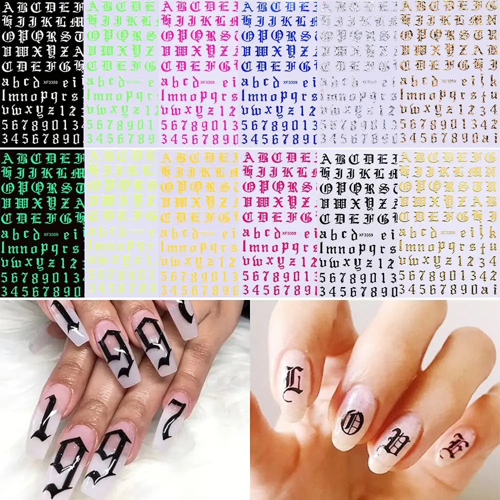 

12Sheets Letter Nail Art Sticker, Old English Nail Decal 3D Self-Adhesive Alphabet Number Nail Stickers Holographic Letter Decal