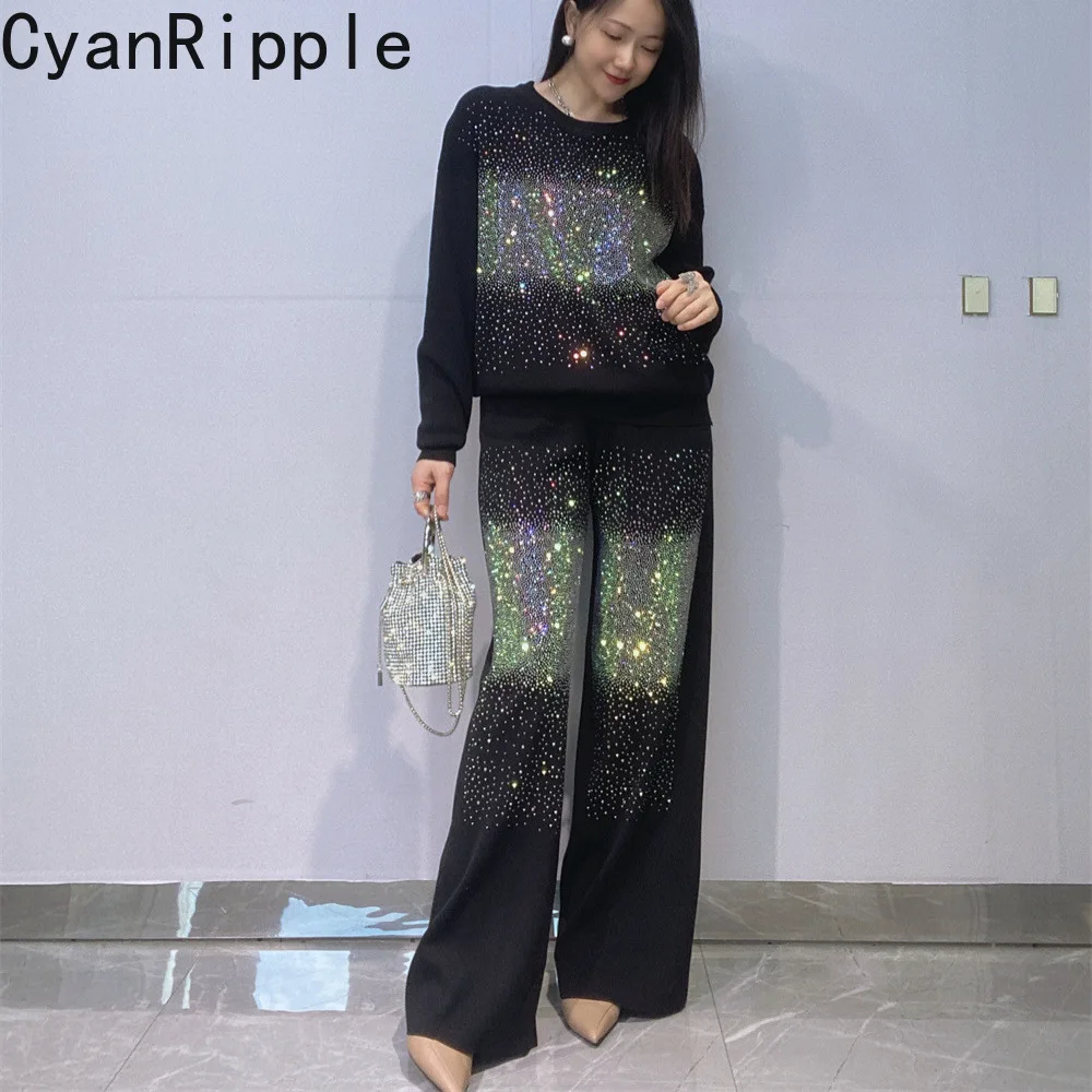 Shiny Full Diamonds Autumn Women Knitted Sets Hot Drilling Round Neck Knit Sweater Top + Elastic Waist Wide Leg Straight Pants