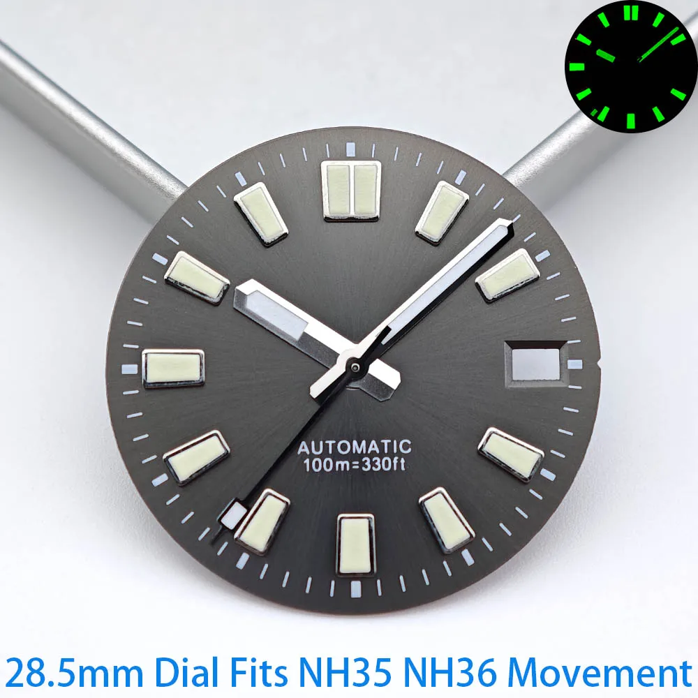 Hot Sale 28.5mm Green Luminous Watch Dial & Hands Set, Fit NH35 NH36 Automatic Movement Men Watch Mod Replacement Parts