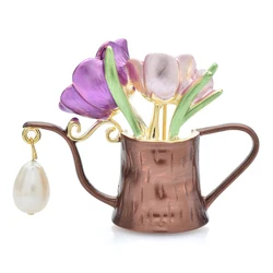 Wuli&baby Beauty Flower Watering Pot Brooches For Women Unisex High Quality Enamel Pearl Kettle Party Casual Brooch Pins Gifts