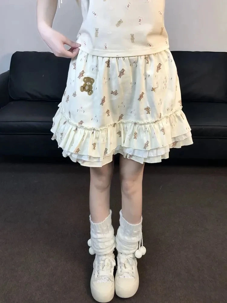 Mini jupe à volants imprimée ours mignon pour femmes, Style japonais, taille haute, ligne a, moelleuse, jupe gâteau, douce, Y2k, été