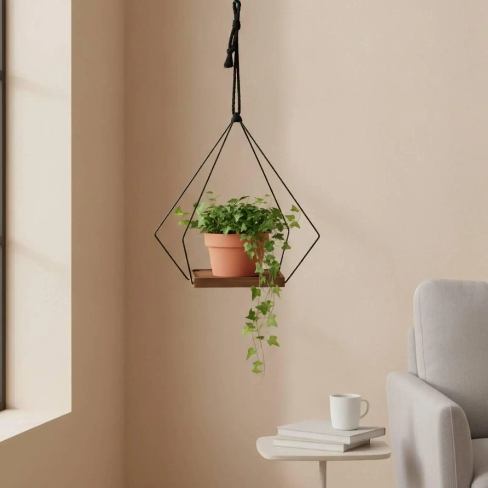 Space Saving Hanging Planter Stand Iron Wire Frame Wood Base for Potted Plants Indoor Outdoor Balcony Display Rack