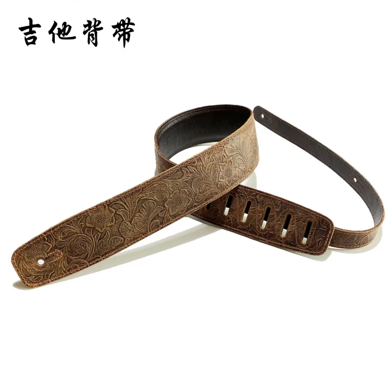 Guitar Strap Factory Wholesale Brown Retro Embossing Music Instrument Strap Folk Electric Guitar Electric Bass Musical Instrumen