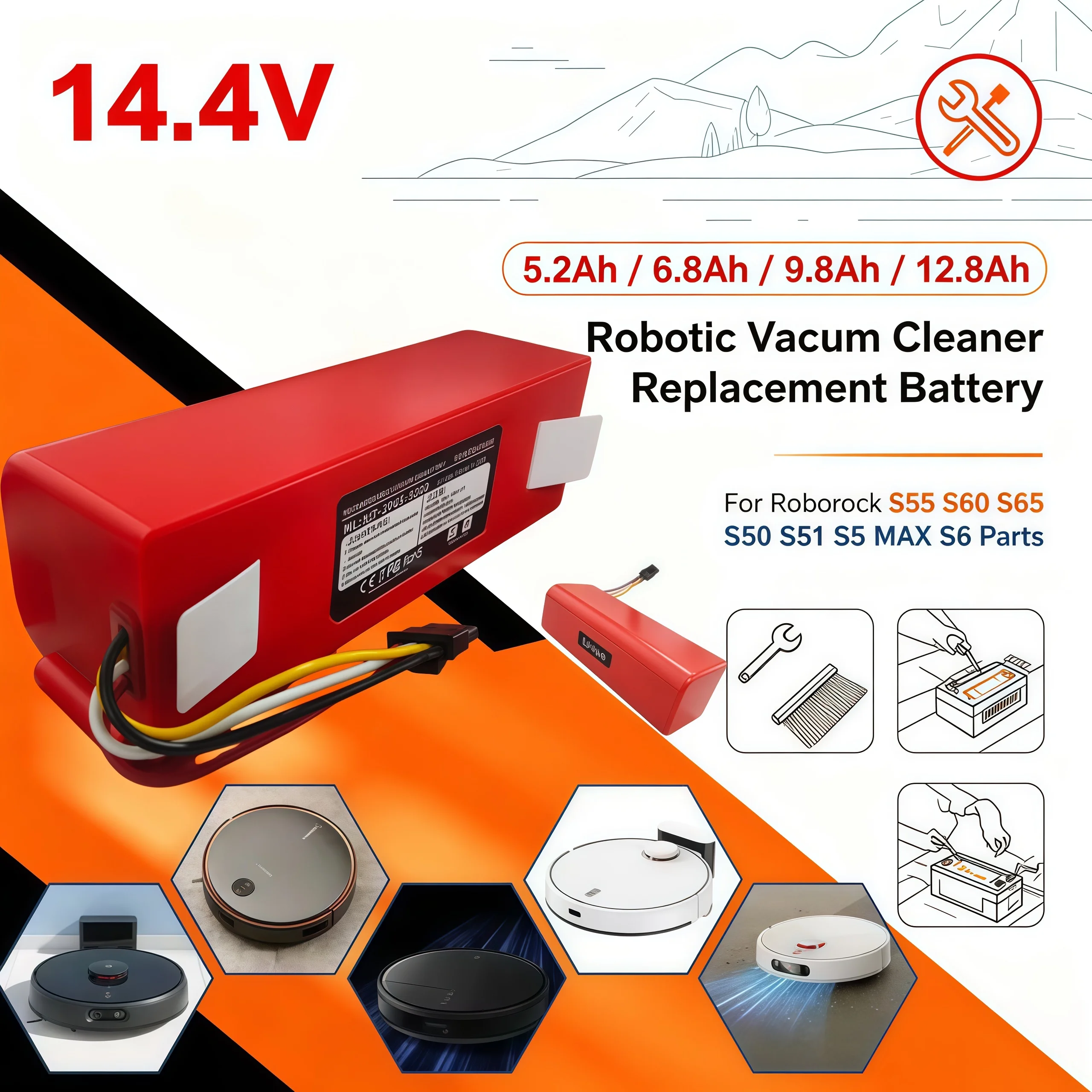 Replacement Robotic Vacuum Battery 14.4V 5.2Ah 6.8Ah 9.8Ah 12.8Ah For Roborock S50 S51 S5 MAX S55 S60 S65 S6 Parts