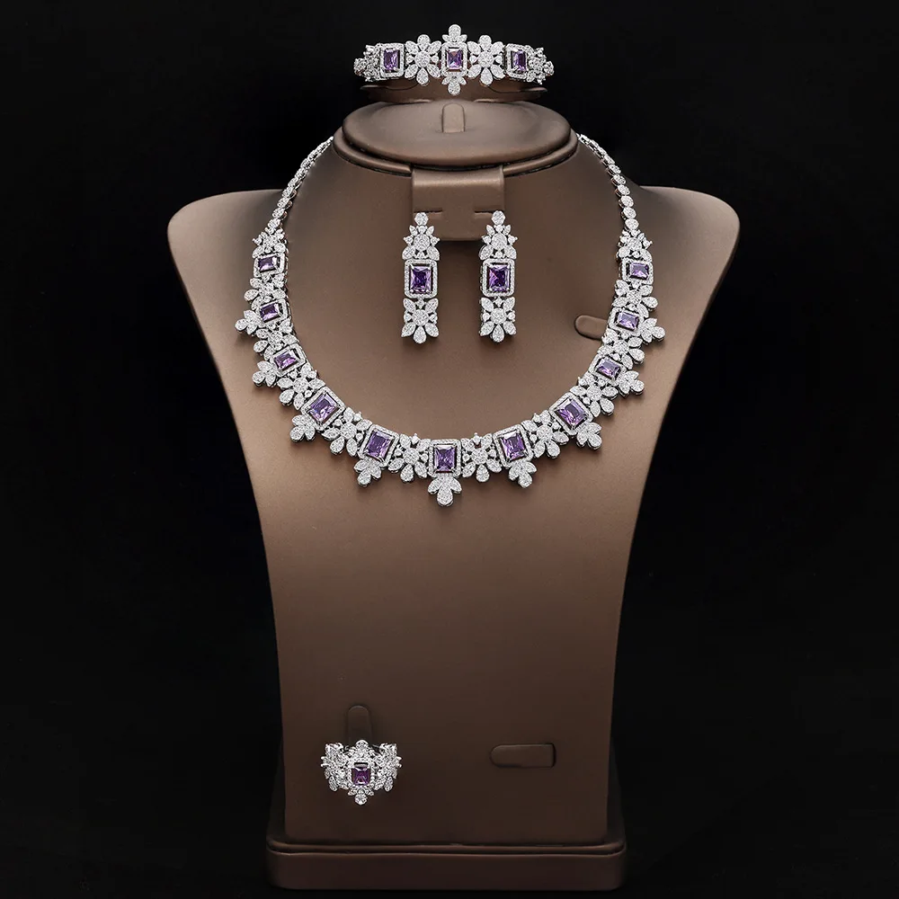 Fashion Women Bridal Wedding 4Pcs Jewelry Set Micro Inlaid Purple Zircon Luxury Evening Banquet Dress Ornaments Christmas Gifts