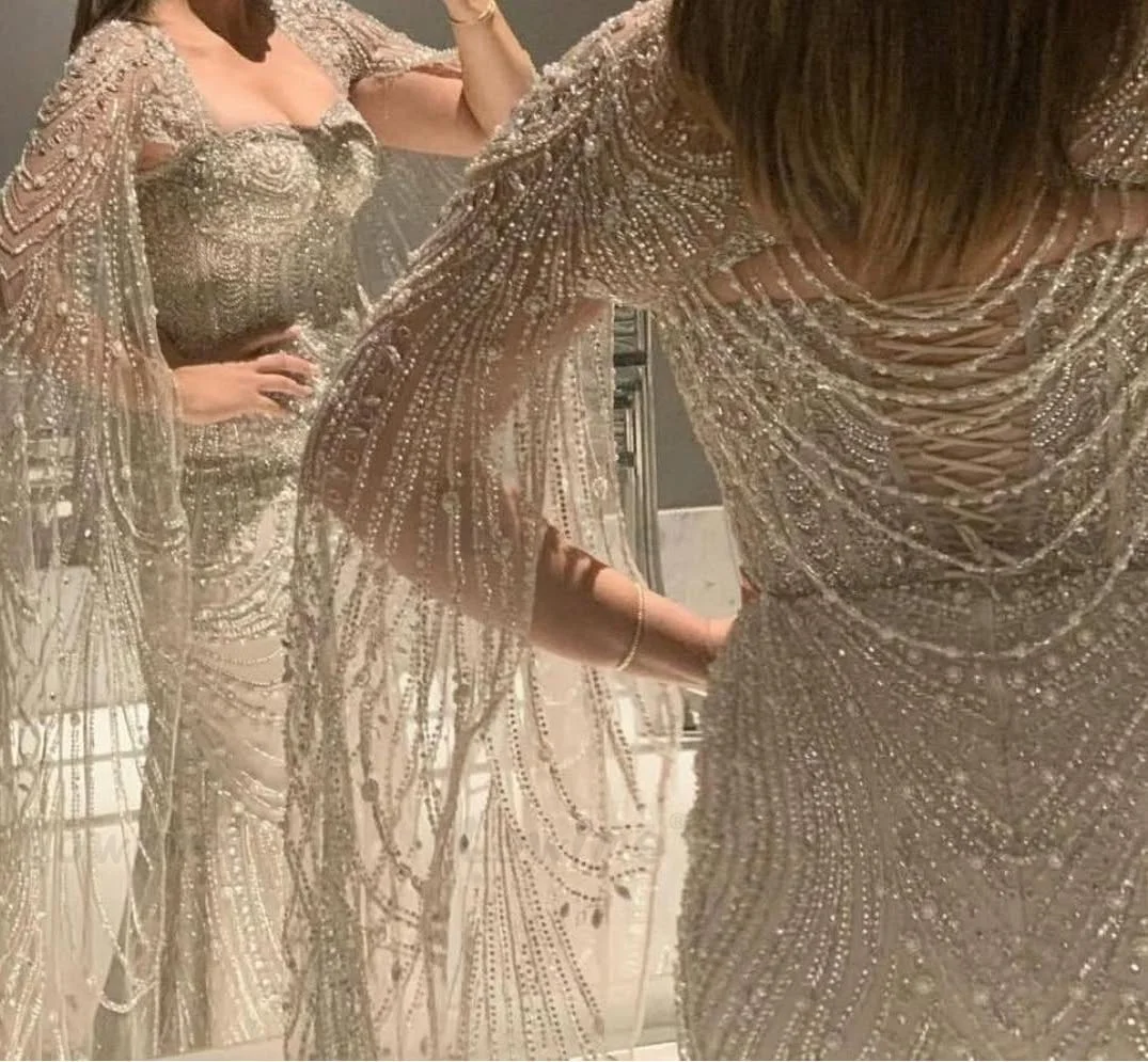 ชุดราตรีคุณภาพสูงแบบทางการ แขนเสื้อคลุมสไตล์ซาอุดิอาระเบีย ชุดราตรีงานพรอมประดับลูกปัด ชุดยาวสำหรับผู้หญิง ชุดออกงาน ชุดราตรีสั่งตัดได้