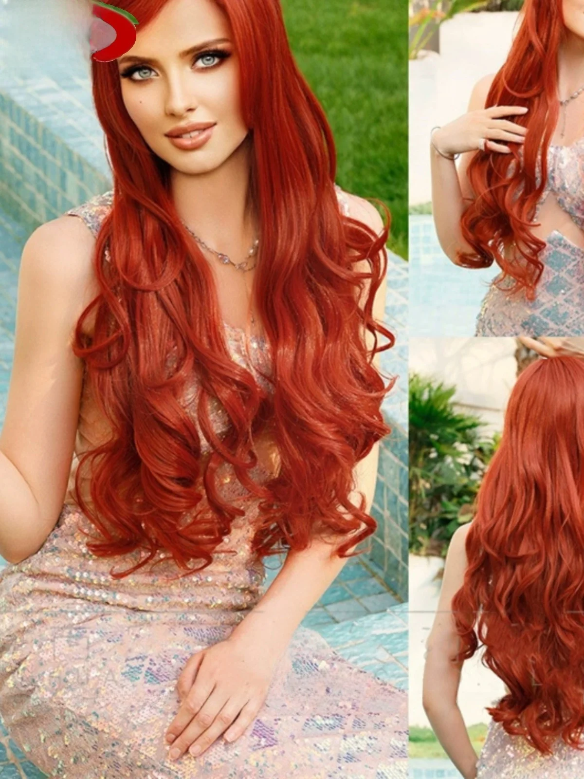 

Adult Cosplay Halloween Mermaid Princess Orange Red Long Curl Wig Stage Performance Costume Photography Prop Polyester Fiber