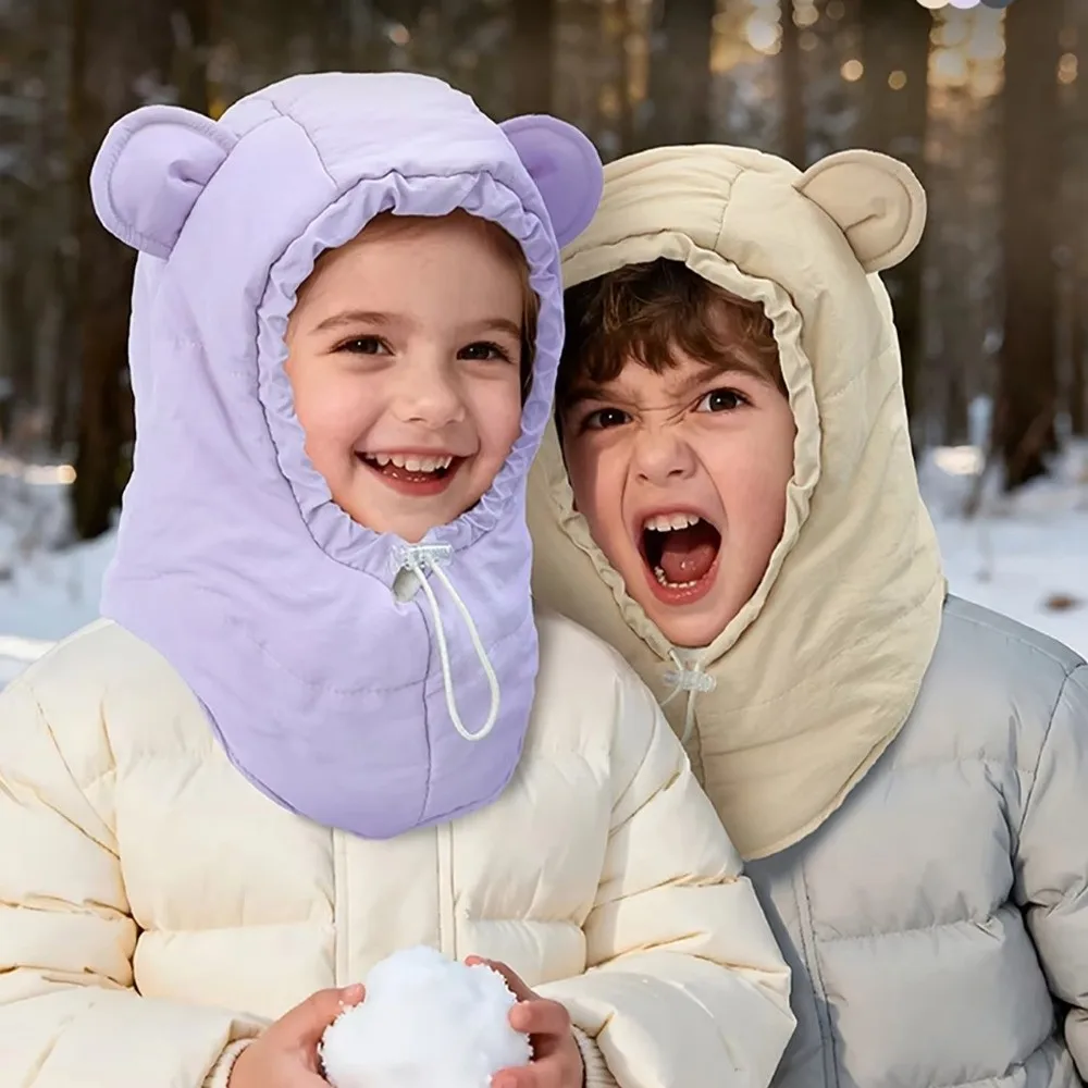 Cute Bear Ear Kids Winter Hats Thickened Windproof Balaclavas Hats Scarf Set Keep Warm Integrated Beanies Hat Scarf Outdoor