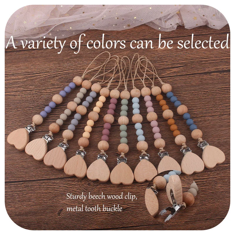 Baby Pacifier Clip Chain Wood Love Silicone Bead Newborn Teether Soother Anti-drop Chains Teething Toy Dummy Nipple Holder Clips
