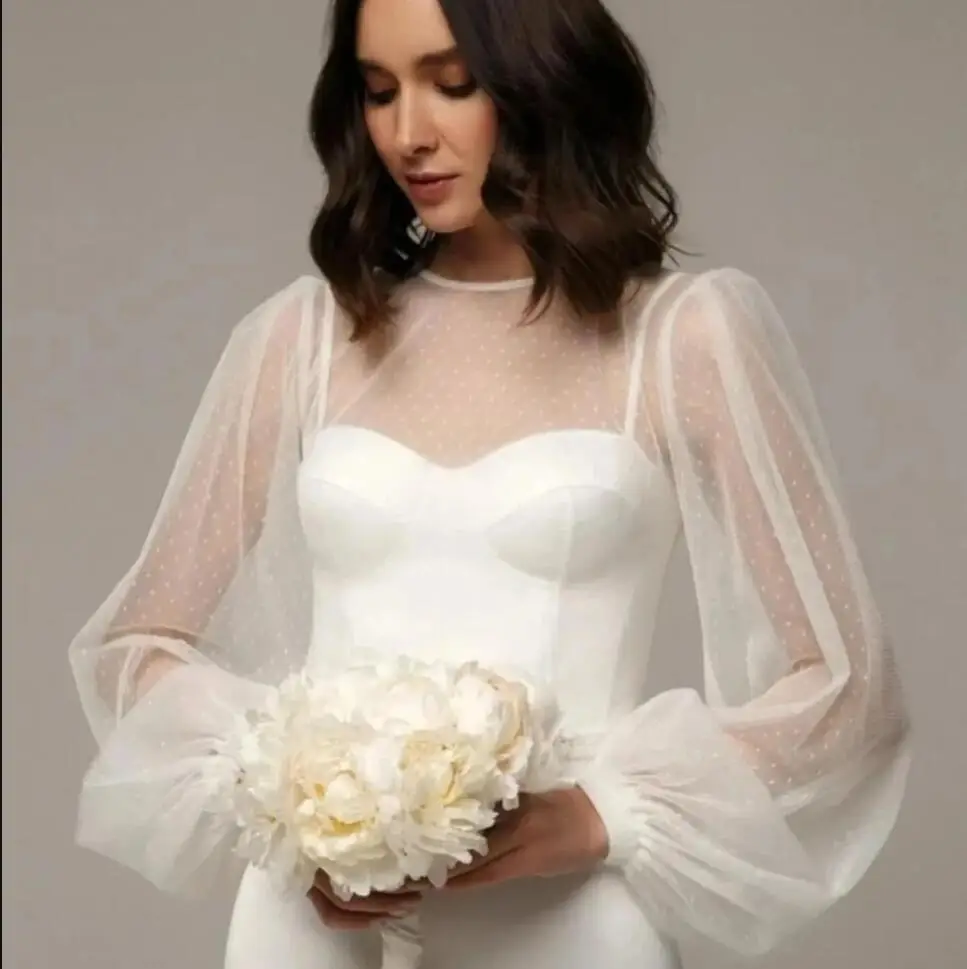 Punti Tulle Wedding Jakcet Bottoni Indietro Romantico Rimovibile Donna Bolero Maniche Lunghe O Collo Cappotto da Sposa Matrimonio Top Personalizzato