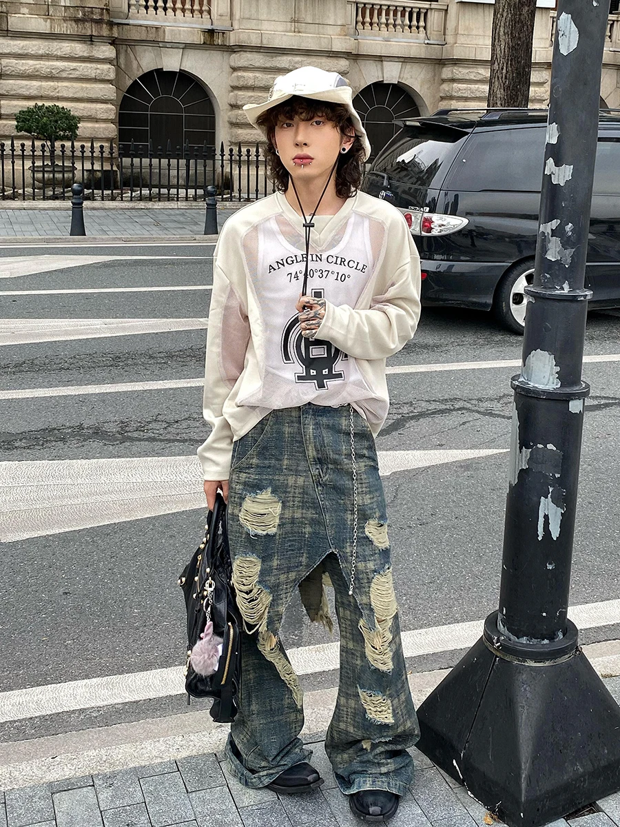 ReddaChic Falso in due pezzi da uomo Jeans larghi Do Old Vintage Tie Dye Distrutto Punto irregolare Bordo grezzo Pantaloni larghi Hiphop Streetwear