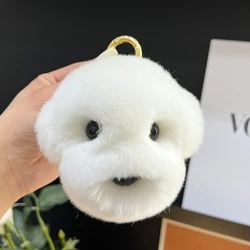 Plush Cute White Dog Head Real Rex Rabbit Fur Keychain Women HandBag Pendant Puppy Toy Car Key Trinkets Jewelry Metal Ring Gift