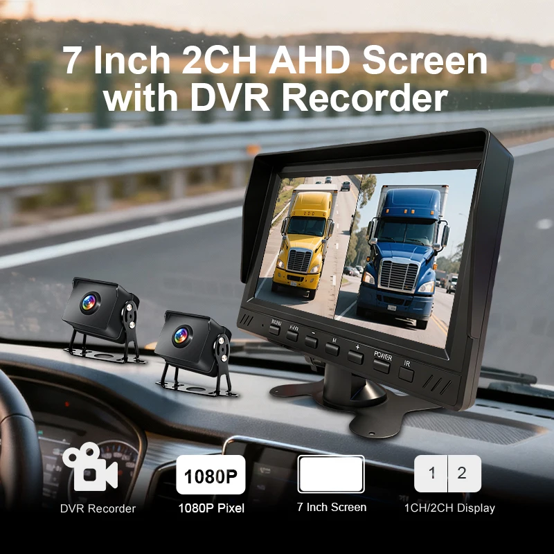 شاشة عرض IPS عالية الوضوح 1080P كاميرات احتياطية عكسية صورة عكسية 2CH 7 بوصة مسجل شاحنة مراقبة السيارة #1