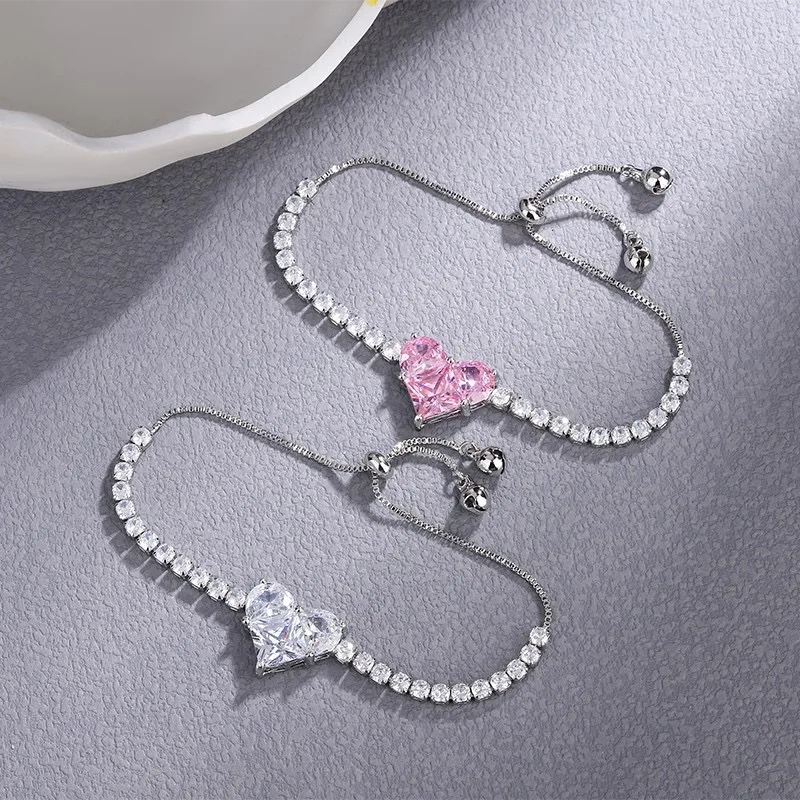 

Silver Heart Bracelet for Women 5A Zircon Tennis Chain Adjustable Love Shape Wrist Jewelry Valentine's Day Gift Fashion Party