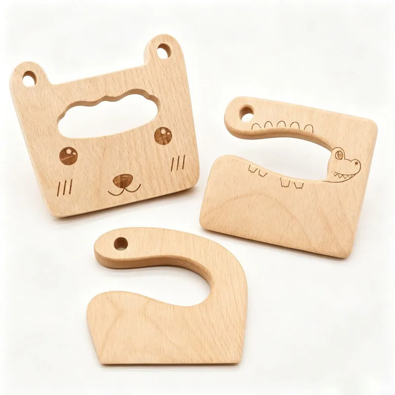 Wooden Safety Knife Toddler Cartoon Children's Kitchen Tools Cutting Fruit Education Practical Life Cooking Toys