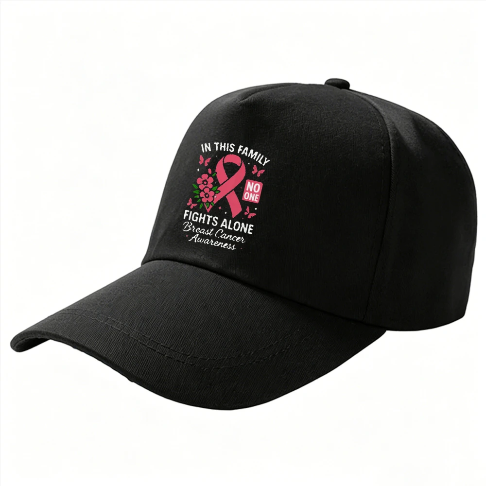 In This Family No One Fights Pink Ribbon Breast Cancer Awareness Baseball Cap for Survivors Supporters Dad Hat Spring and Summer