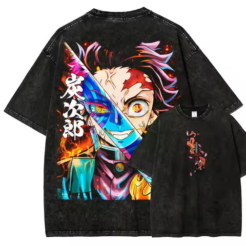 ,demon Slayer Tanjiro Vs Akaza Vintage Washed Cotton T Shirt Men Women 2026 Summer Oversized Streetwear Short Sleeve