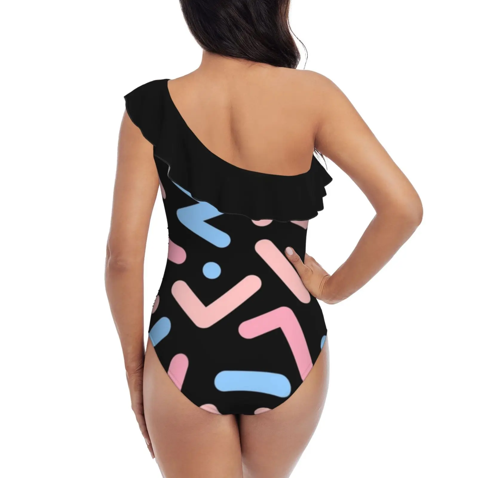 Cotout One Piece Swimsuit Women Ruffle Monokini Shoulder Swimsuit Bathing Suit Swim Wear Black Pastel Abstract Minimalist