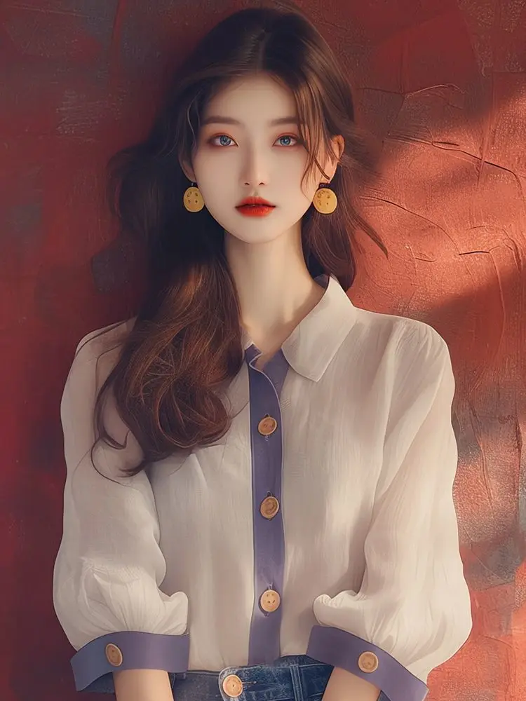 Damska bluzka szyfonowa z golfem w stylu francuskim, elegancka, luźna, z krótkim rękawem, idealna na wiosnę i jesień.