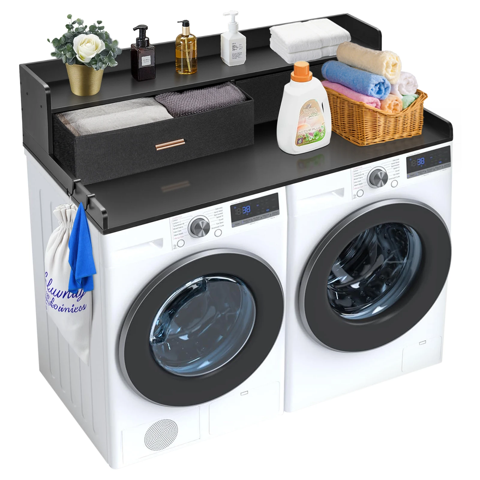 SucceBuy Washer Dryer Countertop w/ Drawer Shelf Wooden Washer and Dryer Countertop Laundry Topper for Laundry Room Organization