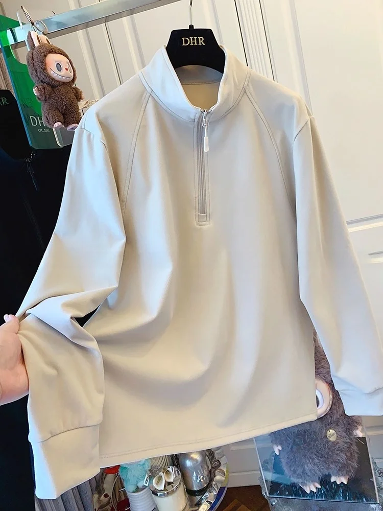 

Женская теплая базовая футболка больших размеров с воротником-стойкой на молнии, длинным рукавом, свободного кроя, осенне-зимняя, 300 г/м²