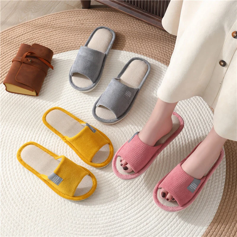 Comfort Cotton Linen Bottom Home Slippers Women Anti-slip Flat Heels Slides Shoes Woman Indoor House Soft Sole Couple Slipper 45