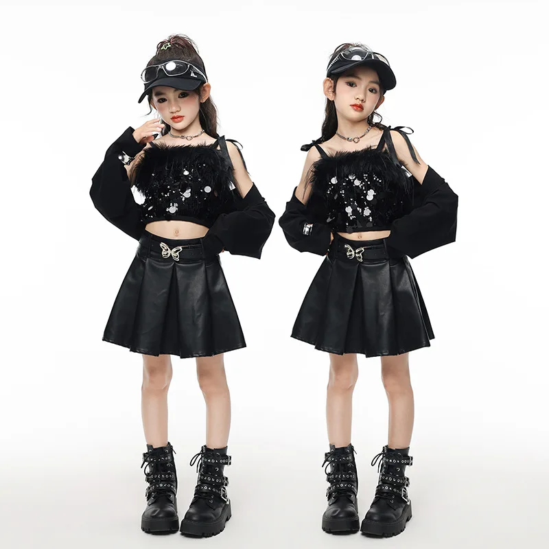 

Kid Cool Black Hip Hop Clothing Sequin Crop Camisole Tank Cardigan Top Pleated Mini Skirt for Girls Jazz Dance Costumes Clothes