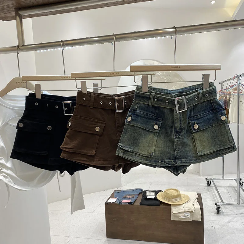 

Retro American Style High Waist Shorts with Belt Large Pockets Skirt Design Three-Quarter Length Jeans Skirt Trendy Wome...