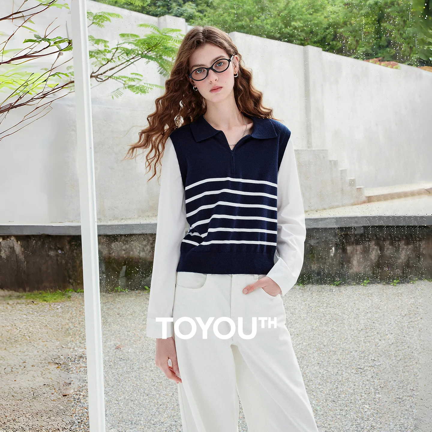 TOYOUTH women's Knitted Sweater Blouse 2026 Autumn New Fake Two Piece Vest Shirt Splicing Nautical Style Striped Commuter Tops