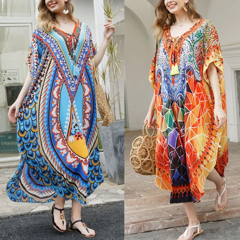 H58D Women's Beachwear Turkish Kaftans Long Swimsuit Cover up Caftan Beach Dress