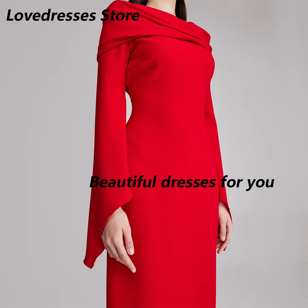 

Red Evening Dress Customized Off Shoulder Boat Neck Jersey Long Sleeves Sheath Prom Dress Slit Back Cocktail Party Gown