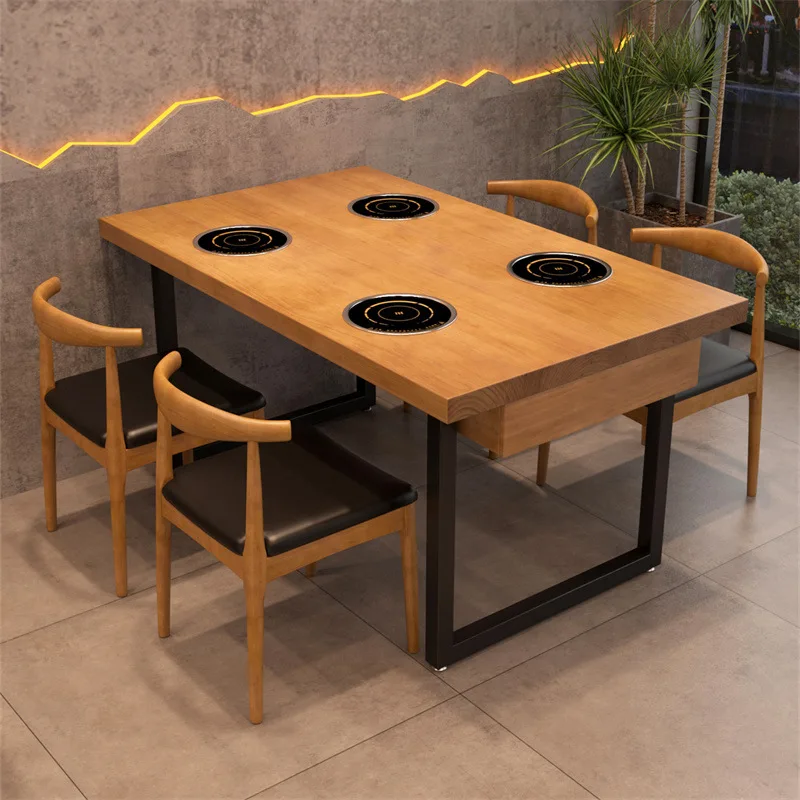 Hot pot restaurant table induction cooker integrated theme restaurant solid wood dining table commercial rectangular dining tabl