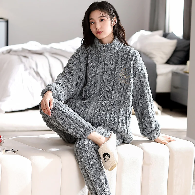 Mùa Đông Dép Nỉ Bộ Đồ Ngủ Bộ Dày Ấm Nữ Pyjamas Dài Thun San Hô Mềm Mại Trang Pijama