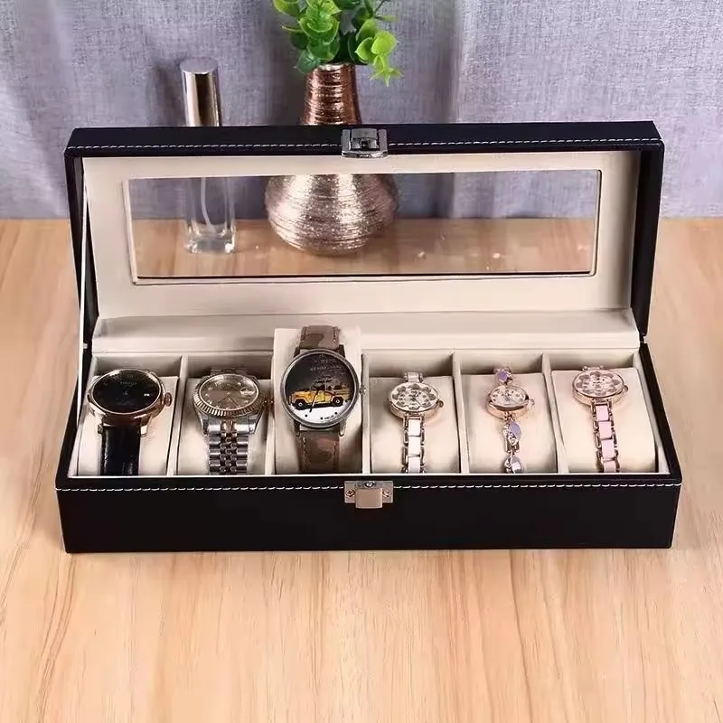 Classic Style 2/3/6 Slots PU Leather Watch Display Case Organizer Jewelry Storage Box With Glass Top