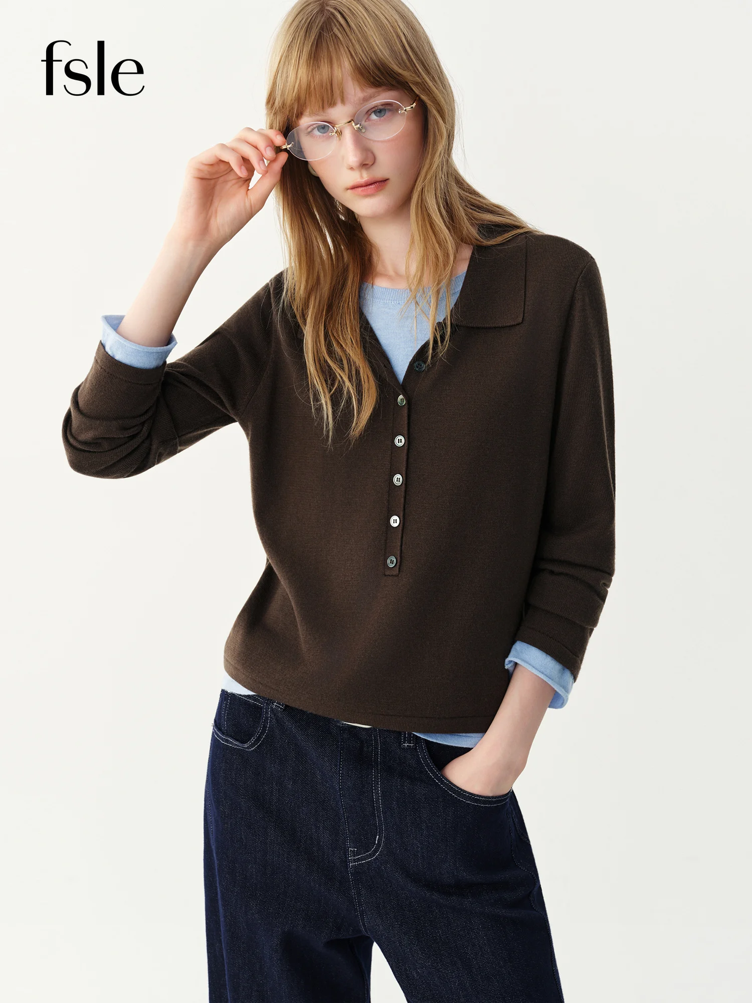 FSLE 2026 Autumn Winter New Women Barn Style Fake Two-Piece Color Block Lapel Pullover Knit Sweater Wool Blend Thin Chic Top