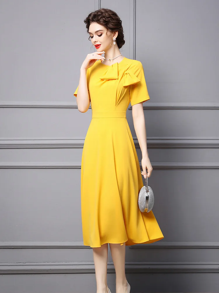 ZJYT Elegant Ladies Midi Simple Yellow Party Dresses for Women Summer 2023 Designer Bowknot Short Sleeve Office Vestidos Aline