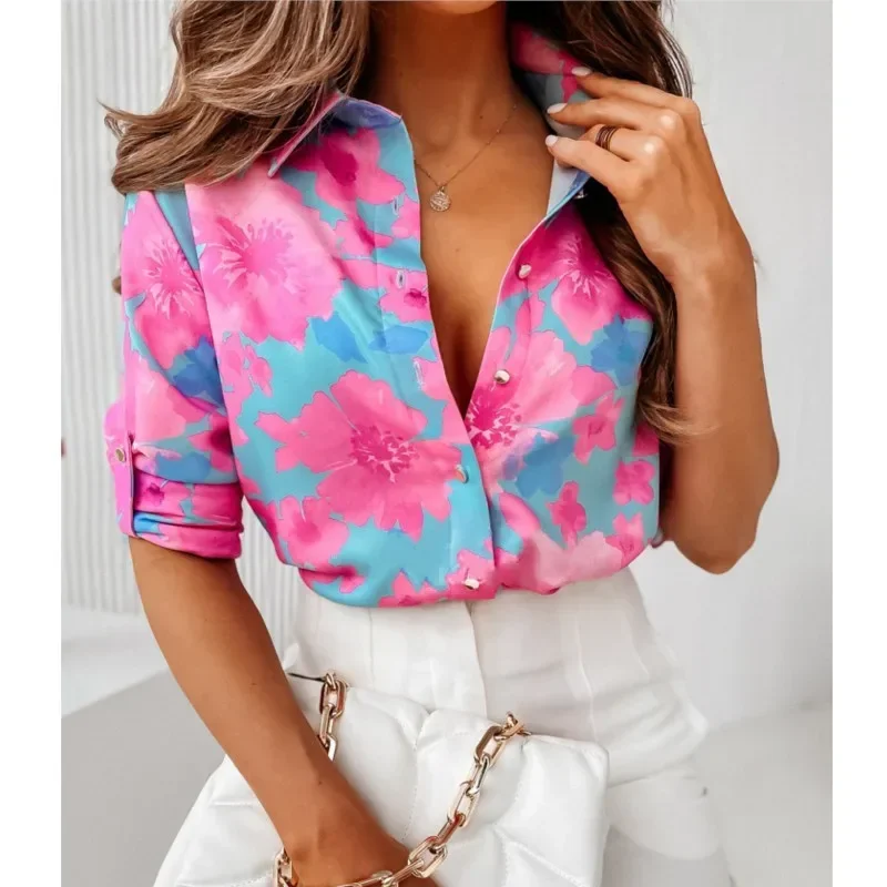 

Women Spring Elegant Turn Down Colar Blouse Vintage Popular Printing Slim Shirts Autumn Office Ladies Fashion Long Sleeve Tops