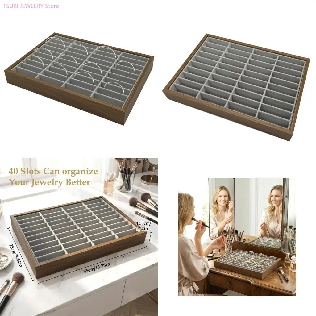 62KE Multifunctional 40 Cell Wooden Cuff Organizers Jewelry Tray for Home