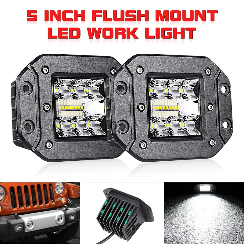 5 Inch Flush Mount LED Work Light Spot Flood Light Bar Bright Beam Fog Lamp For Jeep Off Road 4x4 ATV Truck Trailer