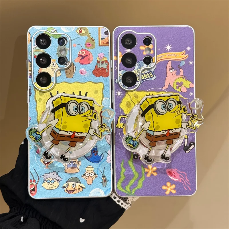 Cute S-SpongeBob Sandy Barnacle Boy Magnetic Holder Phone Case For Samsung S24 S25 S26 Ultra Plus Magsafe Wireless Cover ﻿﻿﻿﻿﻿﻿﻿