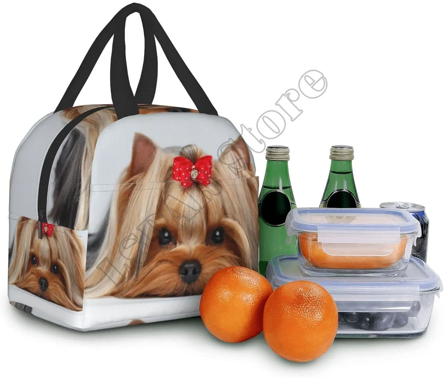 Cute Ribbon Yorkie Love Dog Lunch Bags for Women Boy Girl Reusable Insulated Lunch Box Suitable Travel Work Picnic Beach Office