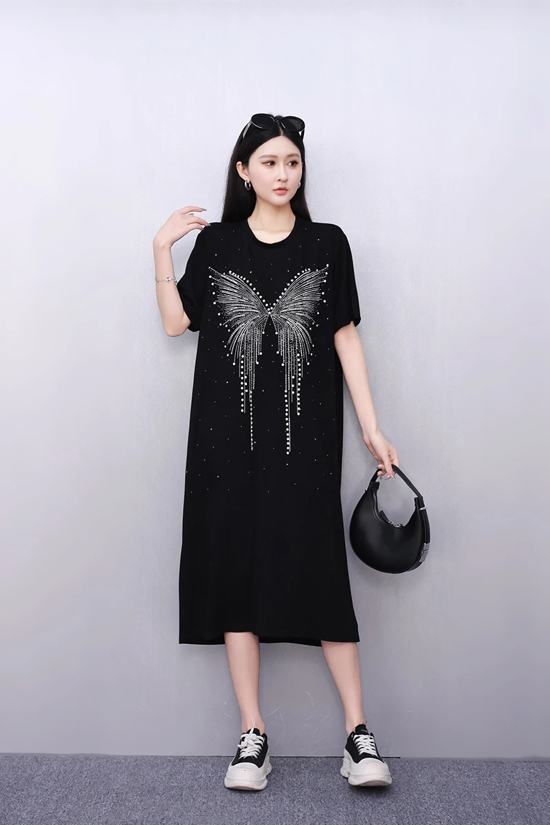 2025 الربيع الصيف موضة أنيقة سوداء س الرقبة فضفاضة طويلة تي شيرت فساتين النساء فستان قصير الأكمام السيدات J1087